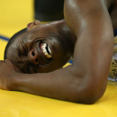 OAKLAND, CA - MAY 16:  Harrison Barnes #40 of the Golden State Warriors  reacts after falling and cutting his head against the San Antonio Spurs in Game Six of the Western Conference Semifinals during the 2013 NBA Playoffs on May 16, 2013 at the Oracle Arena in Oakland, California. (Photo by StephenDunn/Getty Images)