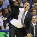 Kansas head coach Bill Self yells for a call during the first half of an NCAA college basketball game against Kansas State in Lawrence, Kan., Monday, Feb. 11, 2013. (AP Photo/Orlin Wagner)