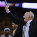 Denver Nuggets coach George Karl gestures from the sidelines during the second half of Game 6 in a first-round NBA basketball playoff series against the Golden State Warriors on Thursday, May 2, 2013, in Oakland, Calif. (AP Photo/Ben Margot)