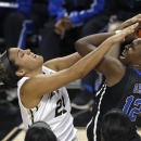 Duke's Chelsea Gray (12) is fouled by Wake Forest's Sandra Garcia (21) during the second half of an NCAA college basketball game in Winston-Salem, N.C., Sunday, Jan. 13, 2013. Duke won 73-44. (AP Photo/Chuck Burton)