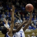 Duke's Elizabeth Williams (1) shoots as Hampton's Ariel Phelps defends during the first half of a first-round game in the women's NCAA college basketball tournament in Durham, N.C., Sunday March 24, 2013. (AP Photo/Gerry Broome)