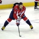 Washington Capitals left wing Alex Ovechkin (8), from Russia, skates with the puck during warmups before Game 7 first-round NHL Stanley Cup playoff hockey series against the New York Rangers, Monday, May 13, 2013, in Washington. (AP Photo/Nick Wass)