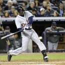 Detroit Tigers' Austin Jackson hits a triple in the sixth inning during Game 1 of the American League championship series against the New York Yankees on Saturday, Oct. 13, 2012, in New York. (AP Photo/Paul Sancya )