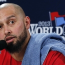 Boston Red Sox's Shane Victorino answers a question during a news conference before Game 6 of baseball's World Series against the St. Louis Cardinals Wednesday, Oct. 30, 2013, in Boston. (AP Photo/Elise Amendola)