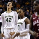 FILE - In this Jan. 26, 2013, file photo, Baylor's Brittney Griner (42) celebrates after breaking the NCAA women's career record for blocks as Odyssey Sims (0) and Oklahoma's Aaryn Ellenberg (3) stand by during the second half of a college basketball game in Waco Texas. Baylor was announced Monday, March 18, to join Connecticut, Stanford and Notre Dame as a No. 1 seed in the women's tournament, marking the second straight season those four schools were the top seeds. (AP Photo/LM Otero, File)