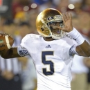 Notre Dame quarterback Everett Golson passes during the first half of an NCAA college football game against Southern California, Saturday, Nov. 24, 2012, in Los Angeles. (AP Photo/Mark J. Terrill)