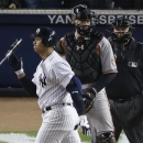 New York Yankees' Alex Rodriguez, left, reacts after striking out with two runners on base in the eighth inning of Game 4 of the American League division baseball series aganst the Baltimore Orioles, Thursday, Oct. 11, 2012, in New York. Orioles catcher Matt Wieters, center, umpire Fieldin Culbreth, right, look on. (AP Photo/Peter Morgan)