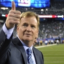 FILE - In this Sept. 5, 2012, file photo, NFL ommissioner Roger Goodell gestures to fans before an NFL football game between the New York Giants and the Dallas Cowboys in East Rutherford, N.J. Jonathan Vilma, Will Smith and the NFL players union left little doubt they remain determined to challenge Commissioner Roger Goodell's authority to suspend players in connection with the league's bounty investigation of the New Orleans Saints. Goodell ruled Tuesday, Oct. 9, 2012, that Vilma, a linebacker, would remain suspended for the season, while Smith, a defensive end, still would face a four-game ban. (AP Photo/Bill Kostroun, File)