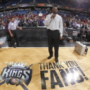 SACRAMENTO, CA - APRIL 17: Keith Smart, head coach of the Sacramento Kings addresses the fans after the game against the Los Angeles Clippers on April 17, 2013 at Sleep Train Arena in Sacramento, California. (Photo by Rocky Widner/NBAE via Getty Images)