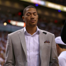 MIAMI, FL - MAY 15: Derrick Rose #1 of the Chicago Bulls looks on during Game Five of the Eastern Conference Semifinals of the 2013 NBA Playoffs against the Miami Heat at American Airlines Arena on May 15, 2013 in Miami, Florida. (Photo by Mike Ehrmann/Getty Images)