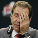 Alabama head coach Nick Saban reacts to a question during a news conference for the BCS National Championship college football game Sunday, Jan. 6, 2013, in Miami. (AP Photo/David J. Phillip)