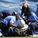 San Diego Chargers outside linebacker Dwight Freeney is helped by Chargers personnel after being injured while playing the Dallas Cowboys during the first half of an NFL football game Sunday, Sept. 29, 2013, in San Diego. (AP Photo/Gregory Bull)