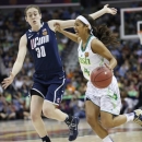 Notre Dame guard Skylar Diggins (4) drives against Connecticut forward Breanna Stewart (30) in the first half of the women's NCAA Final Four college basketball tournament semifinal, Sunday, April 7, 2013, in New Orleans. (AP Photo/Dave Martin)