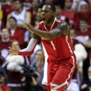 Ohio State's Deshaun Thomas reacts after hitting a shot during the second half of an NCAA college basketball game against Indiana, Tuesday, March 5, 2013, in Bloomington, Ind. Ohio State won 67-58. (AP Photo/Darron Cummings)