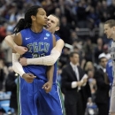 Florida Gulf Coast's Sherwood Brown, left, and Brett Comer celebrate after Brown's basket during the second half of a second-round game against Georgetown in the NCAA college basketball tournament, Friday, March 22, 2013, in Philadelphia. (AP Photo/Michael Perez)