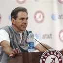 Alabama coach Nick Saban speaks during a news conference Wednesday, April 10, 2013, at the Mal Moore Athletic Facility in Tuscaloosa, Ala. Saban discussed the spring season and player progressions. (AP Photo/AL.com, Vasha Hunt)