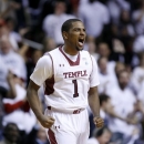 Temple's Khalif Wyatt (1) celebrates after he scored against VCU in the second half of an NCAA college basketball game, Sunday, March 10, 2013, in Philadelphia. Temple won 84-76. (AP Photo/H. Rumph Jr)