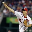 Washington Nationals starting pitcher Jordan Zimmermann (27) throws during the first inning of a baseball game against the Detroit Tigers at Nationals Park, Wednesday, May 8, 2013, in Washington. (AP Photo/Alex Brandon)