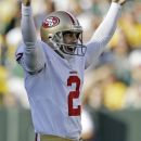 San Francisco 49ers kicker David Akers reacts after kicking a 63-yard field goal during the first half of an NFL football game against the Green Bay Packers Sunday, Sept. 9, 2012, in Green Bay, Wis. (AP Photo/Jeffrey Phelps)