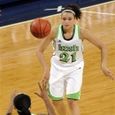 Notre Dame guard Kayla McBride (21) passes to forward Ariel Braker during the first half of an NCAA college basketball game against Rutgers, Sunday, Jan. 13, 2013, in South Bend, Ind. (AP Photo/Joe Raymond)