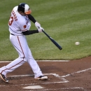 Baltimore Oriole's Manny Machado connects for a two-run single against the Toronto Blue Jays in the second inning of a baseball game Tuesday, April 23, 2013 in Baltimore. (AP Photo/Gail Burton)