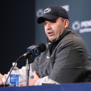 Apr 20, 2013; University Park, PA, USA; Penn State Nittany Lions head coach Bill O'Brien gestures while answering questions from the media following the Blue White spring game at Beaver Stadium. (Matthew O'Haren-USA TODAY Sports)