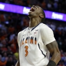 Illinois' Brandon Paul reacts in the final second of the second half of an NCAA college basketball game at the Big Ten tournament against Minnesota Thursday, March 14, 2013, in Chicago. Illinois won 51-49. (AP Photo/Nam Y. Huh)
