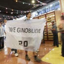 A San Antonio Spurs fan arrives carrying a banner for Manu Ginobili before Game 5 of the NBA Finals basketball series against the Miami Heat, Sunday, June 16, 2013, in San Antonio. (AP Photo/Eric Gay)