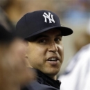 New York Yankees' Mark Teixeira talks with teammates during the sixth inning of a baseball game against the Tampa Bay Rays, Friday, June 21, 2013, in New York. (AP Photo/Frank Franklin II)