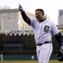 Detroit Tigers' Miguel Cabrera celebrates after hitting a two run home run in the fourth inning during Game 4 of the American League championship series against the New York Yankees Thursday, Oct. 18, 2012, in Detroit. (AP Photo/Matt Slocum)
