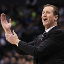 Portland Trail Blazers head coach Terry Stotts looks from the officials during the first half of an NBA basketball game against the Dallas Mavericks, Monday, Nov. 5, 2012, in Dallas. (AP Photo/Tony Gutierrez)