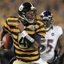 Pittsburgh Steelers quarterback Byron Leftwich (4) out runs Baltimore Ravens linebacker Terrell Suggs (55) on his way to the end zone for a touchdown during the first quarter of an NFL football game, Sunday, Nov. 18, 2012, in Pittsburgh. (AP Photo/Gene J. Puskar)