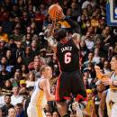 OAKLAND, CA - JANUARY 16: LeBron James #6 of the Miami Heat makes a shot, passing the 20,000 point career milestone, against the Golden State Warriors on January 16, 2013 at Oracle Arena in Oakland, California. (Photo by Andrew D. Bernstein/NBAE via Getty Images)