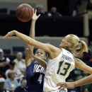 South Florida guard Inga Orekhova (13) blocks a shot by Connecticut guard Moriah Jefferson (4) during the first half of an NCAA college basketball game, Saturday, March 2, 2013, in Tampa, Fla. (AP Photo/Chris O'Meara)