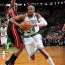 BOSTON, MA - APRIL 24:  Paul Pierce #34 of the Boston Celtics with the ball against the Miami Heat on April 24, 2012 at the TD Garden in Boston, Massachusetts. (Photo by Brian Babineau/NBAE via Getty Images)