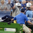 Tennessee Titans quarterback Jake Locker (10) is taken off the field after being injured in the third quarter of an NFL football game against the New York Jets on Sunday, Sept. 29, 2013, in Nashville, Tenn. (AP Photo/Mark Zaleski)