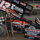This July 5, 2014 photo provided by Empire Super Sprints, Inc., shows sprint car driver Kevin Ward Jr., in the vicotry lane with his car at the Fulton Speedway in Fulton, N.Y. Ward was killed Saturday, Aug. 9, 2014 at the Canandaigua Motorsports Park in Central Square, N.Y., when the car being driven by Tony Stewart struck the 20-year-old who had climbed from his crashed car and was on the darkened dirt track trying to confront Stewart following a bump with Stewart one lap earlier. (AP Photo/Empire Super Sprints, Inc.)