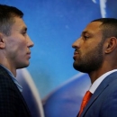 Britain Boxing - Gennady Golovkin & Kell Brook Head-to-Head Press Conference - Canary Riverside Plaza Hotel, London - 8/9/16 Gennady Golovkin and Kell Brook pose after the press conference Action Images via Reuters / Andrew Couldridge Livepic
