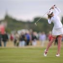 Paula Creamer of the US plays a shot during day three of the Women's British Open golf championships at Royal Liverpool Golf Club, Hoylake, England, Saturday Sept. 15, 2012. (AP Photo/PA, Jon Buckle) UNITED KINGDOM OUT NO SALES NO ARCHIVE