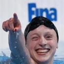 Katie Ledecky of the United States celebrates after winning the gold medal in the Women's 1500m freestyle final at the FINA Swimming World Championships in Barcelona, Spain, Tuesday, July 30, 2013. Ledecky set a new word record of 15:36.53. (AP Photo/Michael Sohn)