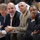 Missouri head coach Frank Haith, right, watches with new assistant coaches Dave Leitao, center, and Rick Carter, left, during the first half of an NCAA college basketball exhibition game against Northwest Missouri State Monday, Oct. 29, 2012, in Columbia, Mo. Missouri won the game 91-58. (AP Photo/L.G. Patterson)