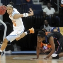 Tennessee guard Meighan Simmons, left, comes up with the ball in front of Florida guard January Miller during the half of an NCAA college basketball game at the Southeastern Conference tournament, Friday, March 8, 2013, in Duluth, Ga. AP Photo/John Amis)