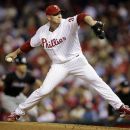Philadelphia Phillies' Roy Halladay pitches in the second inning of a baseball game against the Miami Marlins, Tuesday, Sept. 11, 2012, in Philadelphia. (AP Photo/Matt Slocum)