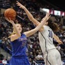 DePaul's Megan Podkowa shoots over Connecticut's Breanna Stewart in the first half of an NCAA college basketball game in the quarterfinals of the Big East Conference women's tournament in Hartford, Conn in Hartford, Conn., Sunday, March 10, 2013. (AP Photo/Jessica Hill)