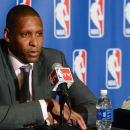 DENVER, CO - MAY 9: Denver Nuggets Executive Vice President of Basketball Operations Masai Ujiri speaks to the media after being named 2012-2013 NBA Executive of the Year on May 9, 2013 at the Pepsi Center in Denver, Colorado. (Photo by Garrett W. Ellwood/NBAE via Getty Images)