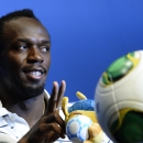 Jamaican sprint star Usain Bolt speaks at a press conference on Wednesday, Aug. 28, 2013, at the FIFA headquarters in Zurich, Switzerland, in the run-up to the IAAF Diamond League meeting in Zurich tomorrow Thursday. (AP Photo/Keystone, Steffen Schmidt)