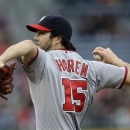 Washington Nationals starting pitcher Dan Haren works against the Atlanta Braves in the first inning of a baseball game Thursday, May 2, 2013, in Atlanta. (AP Photo/John Bazemore)