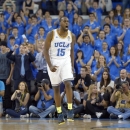 UCLA's Shabazz Muhammad celebrates as time runs out in the second half of an NCAA college basketball game against Arizona, Saturday, March 2, 2013, in Los Angeles. UCLA won 74-69. (AP Photo/Mark J. Terrill)