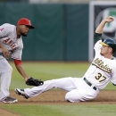 Oakland Athletics' Brandon Moss (37) steals second base as Los Angeles Angels second baseman Howie Kendrick awaits the throw during the second inning of a baseball game on Monday, April 29, 2013 in Oakland. Calif. (AP Photo/Marcio Jose Sanchez)