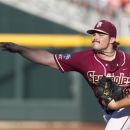 Florida State starting pitcher Scott Sitz delivers against UCLA in the first inning of an NCAA College World Series elimination baseball game in Omaha, Neb., Tuesday, June 19, 2012. (AP Photo/Nati Harnik)